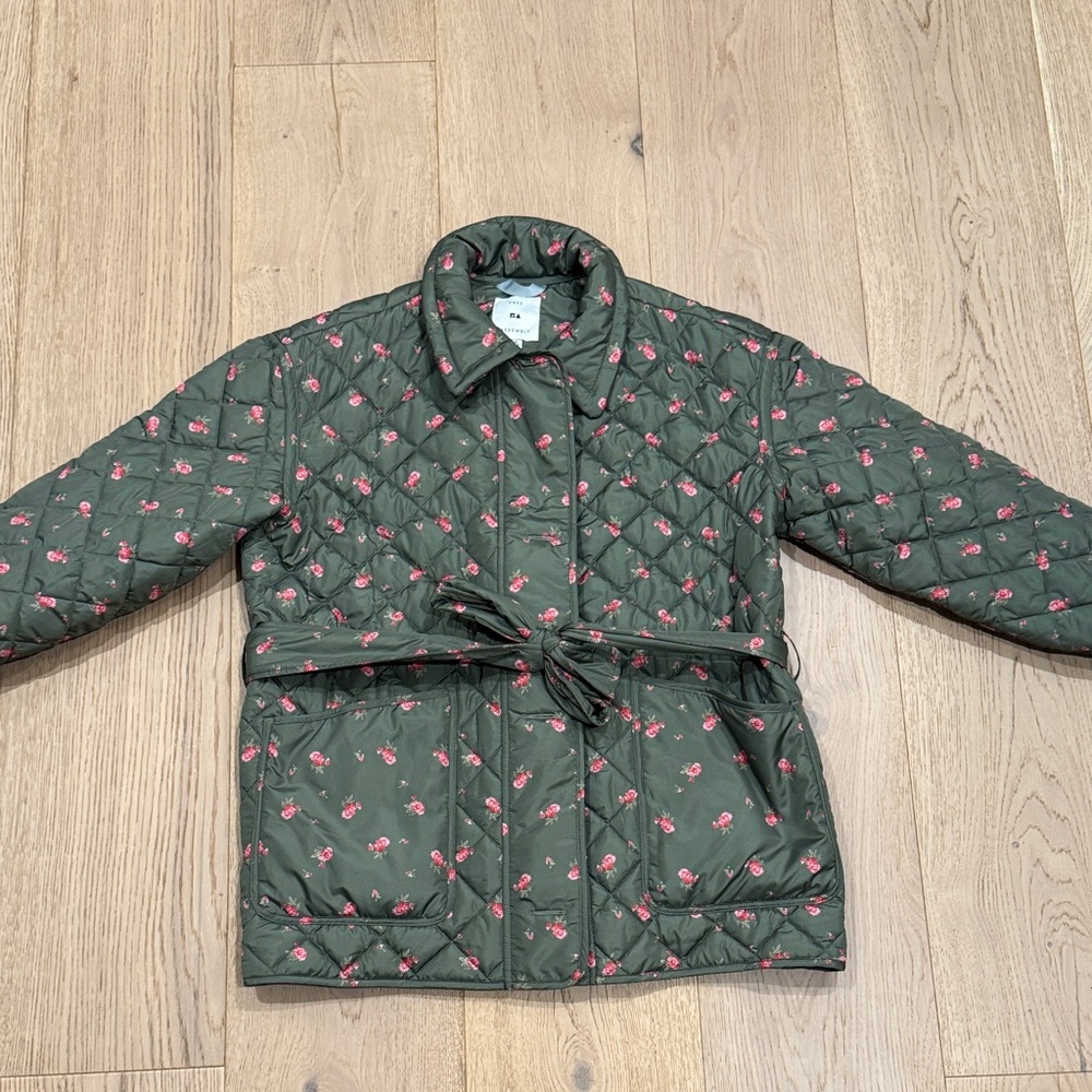 Free Assembly Green Quilted Jacket with Pink Floral Pattern